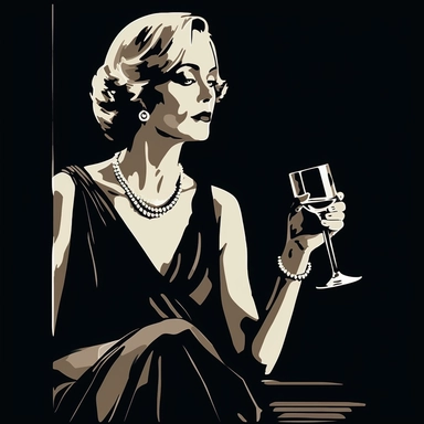 sketch clipart of 20s poster lady enjoying wine, hd, white on black background, spaced out,--ar 3:2