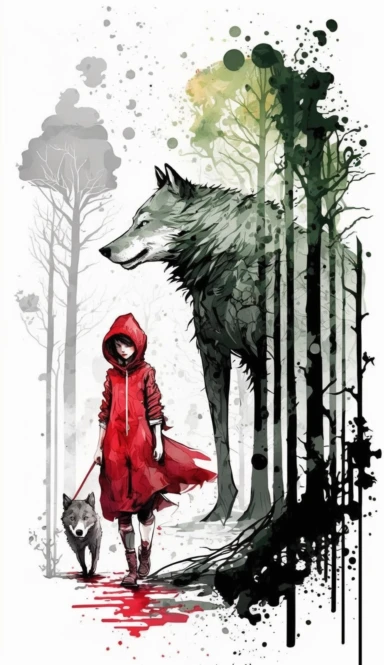watercolor clipart, vector, little red riding hood and a gray wolf, forest by Asaf Hanuka red