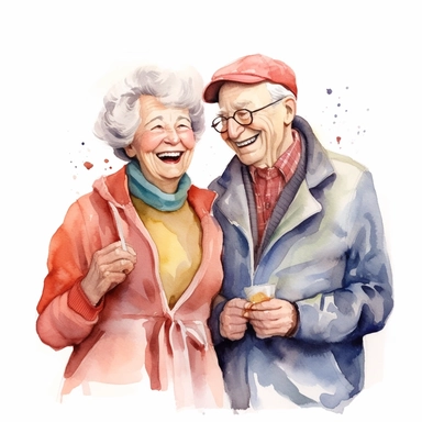 a heartwarming vibrant saturated cartoon watercolor clipart image with a white background, featuring cute sweet extremely happy elderly couple