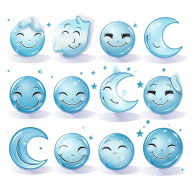 beautiful smiling moon symbols in white, pale blue and silver, white background, vector-style, clipart collection