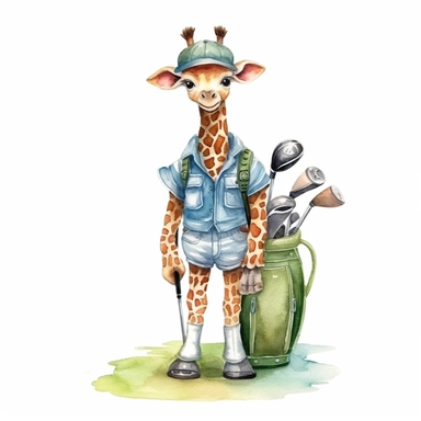 hand drawn watercolor clipart baby giraffe wearing golf gear