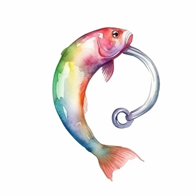Watercolor fish hook clipart, white isolated background, space out, hd