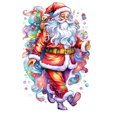 Full body of Santa Claus, style by Lisa Frank, watercolor, smooth gradients, black contour outline, ultra detailed, clipart elements, vibrant colors, solid white background, super clear, high quality
