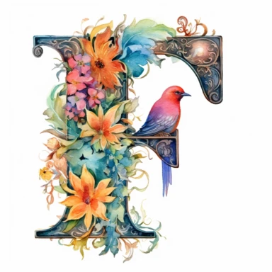 Watercolor illuminated initial, letter F , Clipart, F, witchy, magical, whimsical , white background, png