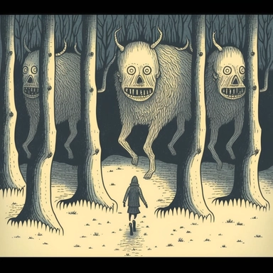 in the style of John Kenn Mortensen, human trail runner with head as a howling wolf, through white birch forest, chased by monsters, ghosts, animals, spooky, colorful, white background, magical, fantasy, vector, clipart, elaborate, ultra-detailed, best quality, well composed, vibrant color tone, trending on artstation, elaborate, cinematic lighting, vibrant colors, high definition