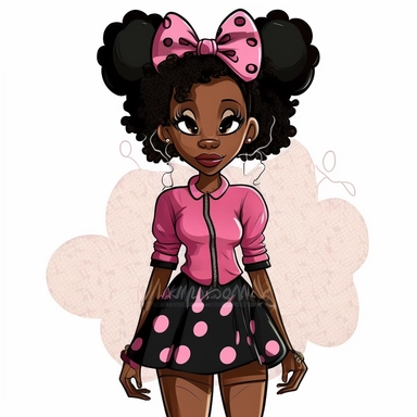 2d, beuatiful vibrant full body happy african american adult mickey mouse woman clipart, dark brown face, pink ears, cartoon realistic