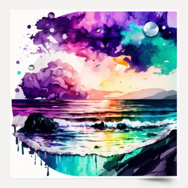 Purple Black Green Mix Leonid Afremov Style Watercolor Beach Ocean Sunset Clipart, Colorful and white Background