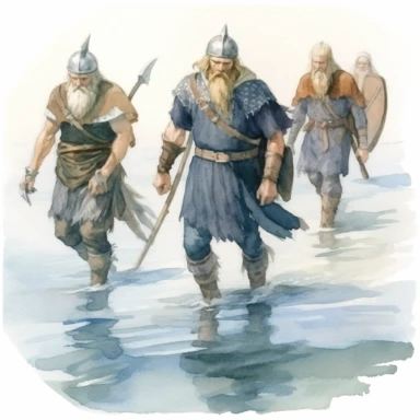 vikings who have just left their ship are with weapons in their hands walking in shallow water toward the shore watercolor clipart