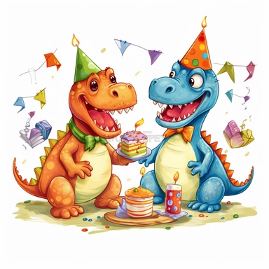 a foolish and cute dinosaurs having fun in a birthday party, clipart style, white bg