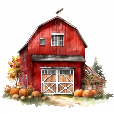vector watercolor front view red barn in autumn clipart on white background, full front view red barn in autumn colors, reds and yellows, photorealistic, ultrarealistic,no background, on white