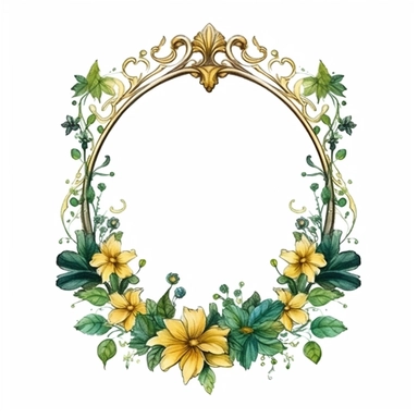 watercolor clipart of a empty suttle dainty floral oval frame surrounded by gold color flowers and emerald green flowers. Capture the essence of blooming beauty and intricate details in your artwork, white background