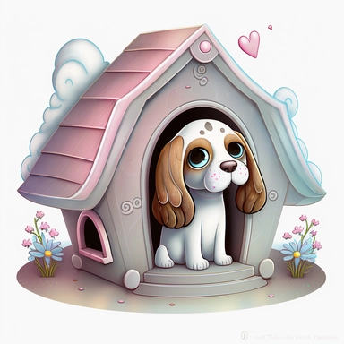 clipart with white background of a doghouse in the style of mystical fantasy, magical, kawaii style