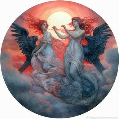 clipart, pastel blue sky, gray black clouds, red sun, white angels fly in the clouds, realism, t-shirt design, white background, Painting By Jean Delville, Disney