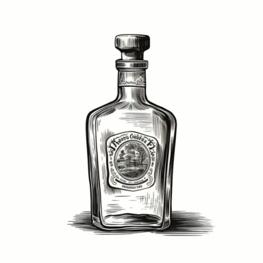 liquor bottle, old school vintage illustration style, pen and ink, hand drawn, clipart, isolated on white background