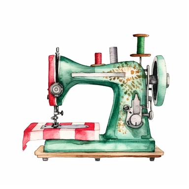 a watercolor sewing machine design of christmas tree, christmas gifts ,in the style plaid green and red color, christmas themed,Cath Kidston, Emma Bridgwater, rose patterns, stripes. Embellishments like glitter, sparkles, polka dots, Watercolor clipart, single design, single object,print on demand image, PNG transparent background, white background for removing background - - no text shadow font watermark, 8k