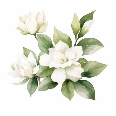 watercolor gardenia flowers clipart for wedding invitation card, hd, detailed, pastel color, clean line, on white background, spaced out