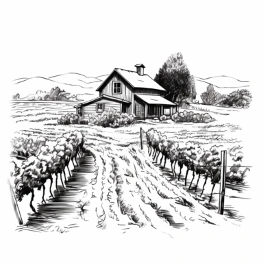 a line clipart style minimlist drawing of a vineyard with no background imaging and a log cabin in black and white