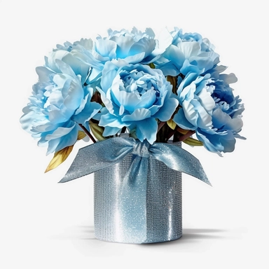Watercolour realistic pastel blue iridescent glitter peonies in flower bouquet box with delicate ribbon bow wrapped around it intricately realistically detailed pastel blue peonies, PNG image,transparent background ,ultra highly detailed, 18k, sharp focus, bright photo with vibrant colours, digitally enhanced,photographic, enhanced graphics, png format, straight, sharp focus, bright lighting, intricate detailed png image ,high definition,300dpi,graphic clipart,computer graphics