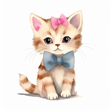 cute kitty cat, cat with pink bow, style watercolor, clipart, white background