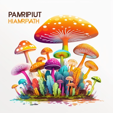Create a radiant and colorful high fidelity digital clipart art piece (PNG) featuring a diverse mushroom habitat set against a white background, without any text or words. The artwork should showcase the biodiversity of the fungi and their surrounding ecosystem, including mushrooms with smooth and round tops where needed. The overall style should be highly detailed and true-to-life.