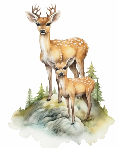 detailed watercolor a pair of fawn on a hill, 8k, hyper realistic, isolated on a white background, clipart