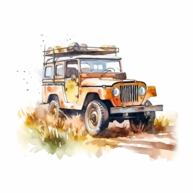 safari jeep, watercolor clipart, in the style of traditional oil painting