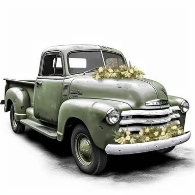 chevy pickup truck filled with olive green roses in the back clipart,hd, white background