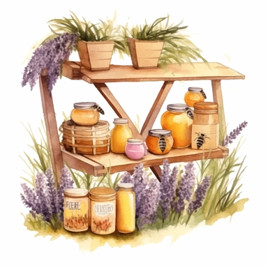 hand drawn honey stand, honey for sale, flowers and grass, shades of yellow and purple, very detailed, very realistic, watercolor, clipart style white background with margins