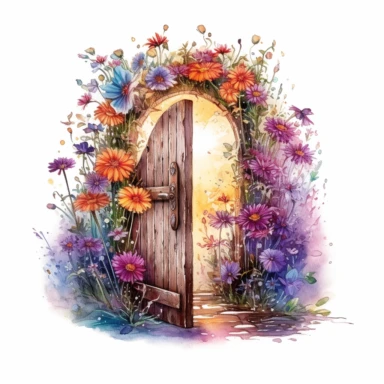 Adorable magical old open door with wildflower, nebular mix background, clipart, photorealistic illustration, watercolor, high detail, 8k polished, 8k, vibrant colors, sticker, majestic, die cut, white background