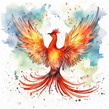 drawn illustration of a phoenix with stars background, clip art, watercolor, digital art, HD, white background, clean line art