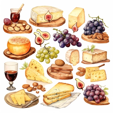 Watercolor cheese platter with wallnuts and grapes and raisins and figs nicely placed along with cheese on a very large wooden flat plate or cutting board, illustrations clipart set, simple, soft colors, cartoon elements, different variants, cheese from around the world, wooden elements, separate elements with a margin
