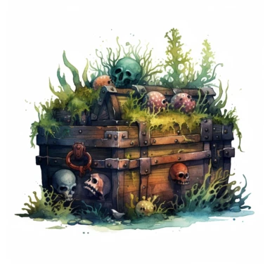 Horror style overrealistic mystical rusted treasure chest covered mosses and seashells bottom of the sea with watercolor effect, old rusted skull, dark blue water, dark green mosses, deep water, sea plants, coral and mussel, , random fishes, undersea details, suitable for digital clipart, white background