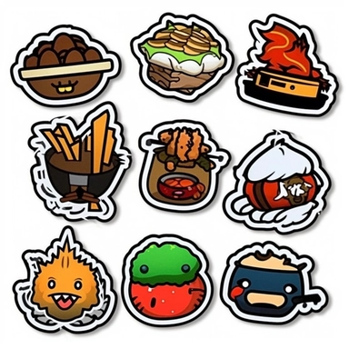 a set of black line clipart inspired by sushi and zombies and muppets and Care Bears and Funko Pop toys