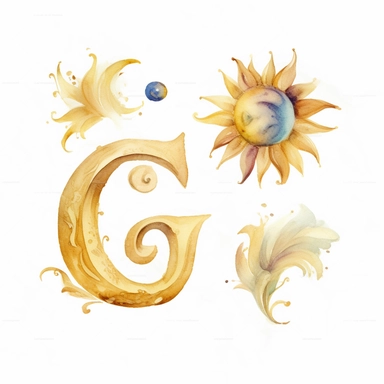 a single clipart of beautiful ornate capital letter G, watercolours and shiny gold glitter, visible brush strokes, watercolor clipart png on white background with free margins