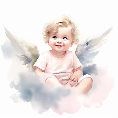 delightful watercolor image, full body cute newborn baby angel girl on white background, she is sitting on a cloud in pink dress and smiling gently. She has sparkling blue eyes twinkled with wonder and blond curls on her head, professional watercolor clipart, high resolution