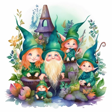 A bunch of Mystical magical cute Leprechauns in a Magical Forest full of whimsical nature Clipart, Fantasy Art, Fairy Tale Art, cloroful Watercolor