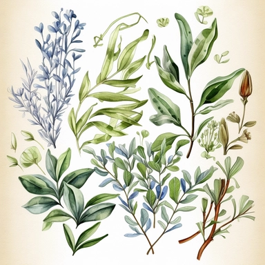 collection of greenery, botanical, sage green, blue, tan, watercolor illustration, white background, corner bracket images for a journal page, clipart, highly realistic, hyper detailed,