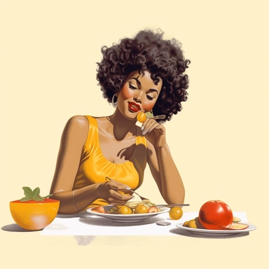 vintage 1950s illustration black woman eating fruits Clipart, on a white background, vintage aesthetic, character focus, 4K resolution, no background, realistic rendering, use using Cinema 4D