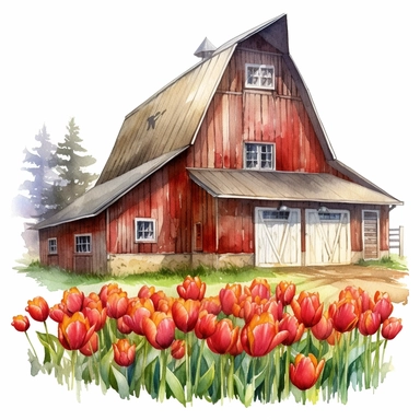 close-up realistic watercolor drawing of a barn in a tulips farm, on a white background where the background will be removed to repurpose as a clipart.
