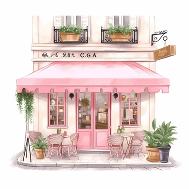 commercial shot of realistic french boho parisian pink pastel cozy cafe with open doors cute elegant tables and parasol and plants in front clipart, french cafe, high quality, intricate design, clipart witchcore dreamcore cottagecore white background no text, isolated on white, ghibli style,