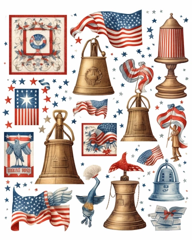 Create a comprehensive set of clipart illustrations featuring patriotic symbols such as the Liberty Bell, the American eagle, and the Constitution, that can be used to create a variety of designs for 4th of July celebrations.