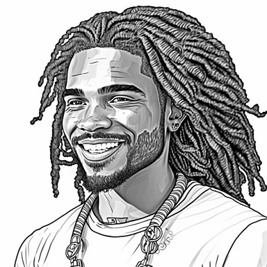 monochrome classic coloring book page of full body head to toe clipart style of smiling, handsome African American man with smooth skin no blemish, he has round detailed eyes, chiseled face with hair, hyper realistic, hyper detailed, hair is short curly dreadlocks, wearing a full African outfit, line art, 8k polished focused photography, there is no background on this image