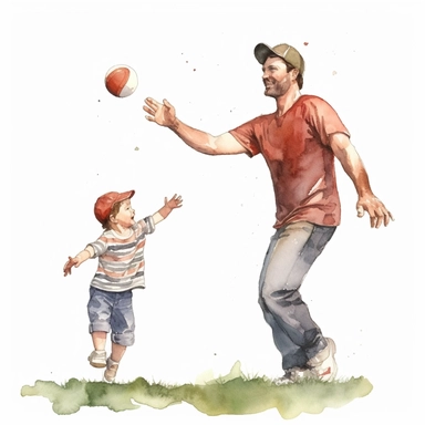 A father and son playing catch with a baseball or football, Watercolor, Clipart, transparent background PNG