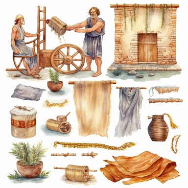 Watercolor well roman people weaving cloth , illustrations clipart set, simple, , cartoon elements, different variants , , marble elements, separate elements with a margin