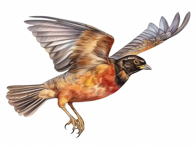 Redwing flying Watercolor isolated on white background, Watercolor Clipart painting, high quality, HD, children's book illustrations, realistic lifelike figures, white background