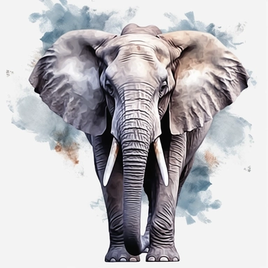 a large grey elephant facing camera, 8k ultra realistic, watercolour art, transparent background png clipart