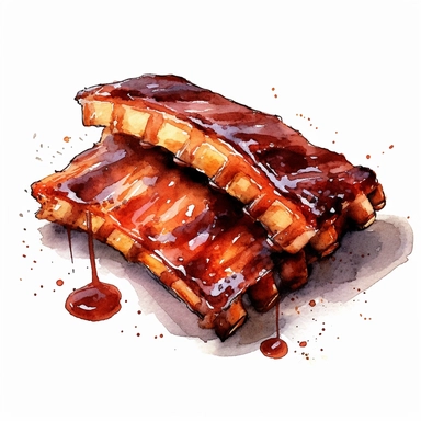 BBQ Ribs with BBQ Sauce, highly detailed, watercolor, clipart, illustration, white background, digital painting, paper crafting, no signature, no text