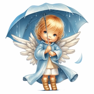 Cute Adorable magical little Angel holds a umbrella in his hand wears a raincape and stand in the rain on a country road, clipart, photorealistic illustration, watercolor, high detail, 8k polished, 8k, vibrant colors, sticker, majestic, die cut, Blue and Gold color, white background