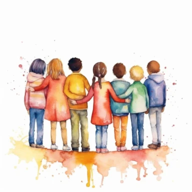 watercolor style, children standing together, from multiple cultures: european, african american, asian american, latino, indian, japanese, mexican, clipart, isolated on white background, 4K