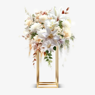 watercolour beautiful realistic white real floral wedding flower spray on gold rectangle tall frame stand realistic elegant wedding floral display stand with white glitter wedding flowers ,clip art graphics , PNG image,transparent background ,ultra highly detailed, 18k, sharp focus, bright photo with vibrant colours, digitally enhanced,photographic, enhanced graphics, png format, straight, sharp focus, bright lighting, intricate detailed png image ,high definition,300dpi,graphic clipart,computer